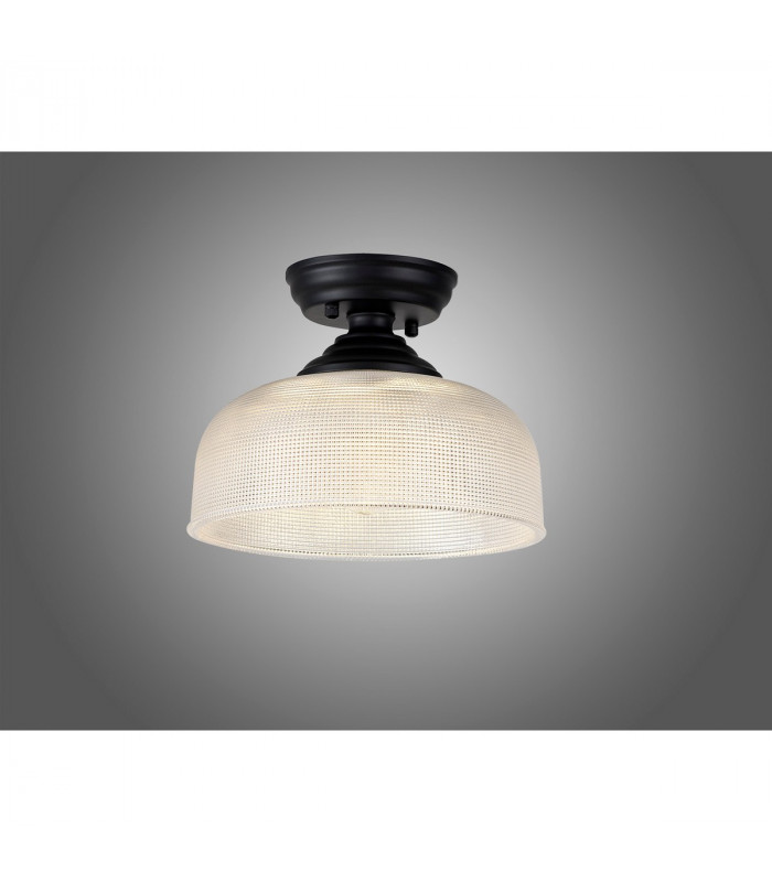Dresden Flush Ceiling Lamp E27 With Round 26.5cm Prismatic Effect Glass Shade Matt Black Clear-3