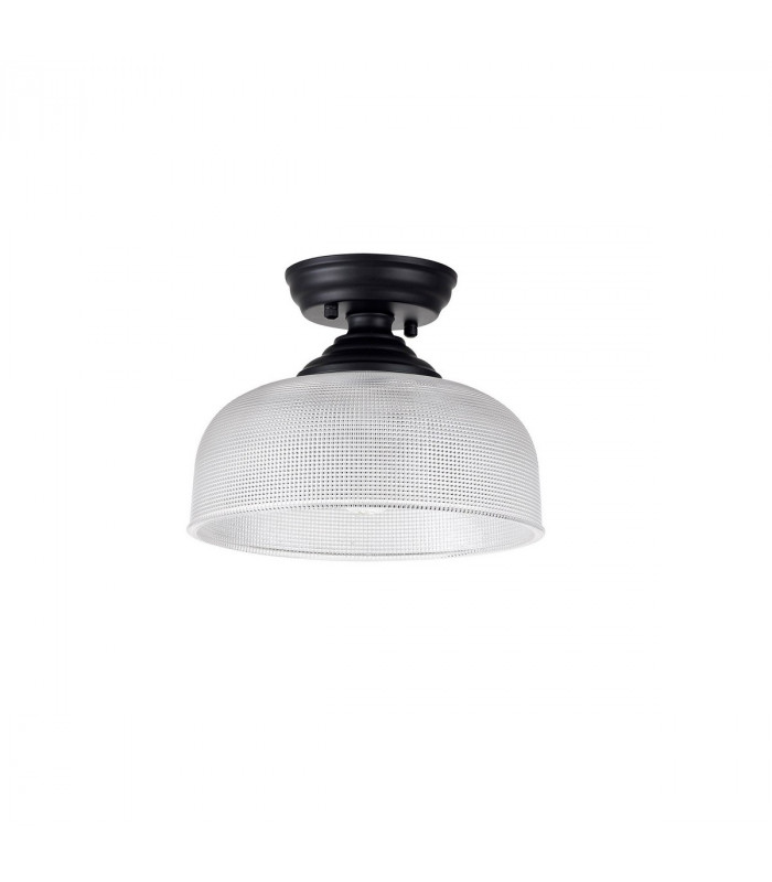Dresden Flush Ceiling Lamp E27 With Round 26.5cm Prismatic Effect Glass Shade Matt Black Clear-7