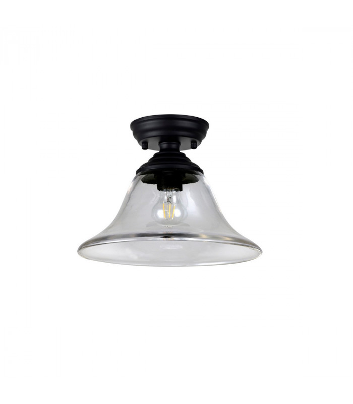 Dresden Flush Ceiling Lamp E27 With Smooth Bell 30cm Glass Shade Matt Black Clear-7
