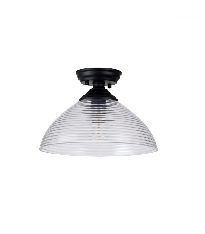 Dresden Flush Ceiling Lamp E27 With Round 33.5cm Prismatic Effect Glass Shade Matt Black Clear-7