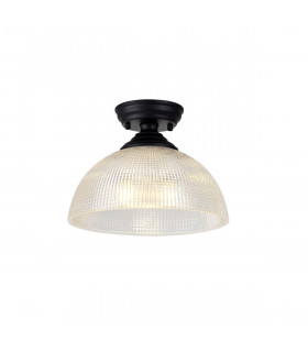 Dresden Flush Ceiling Lamp E27 With Round 30cm Prismatic Effect Glass Shade Matt Black Clear-1