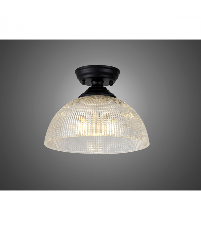Dresden Flush Ceiling Lamp E27 With Round 30cm Prismatic Effect Glass Shade Matt Black Clear-3