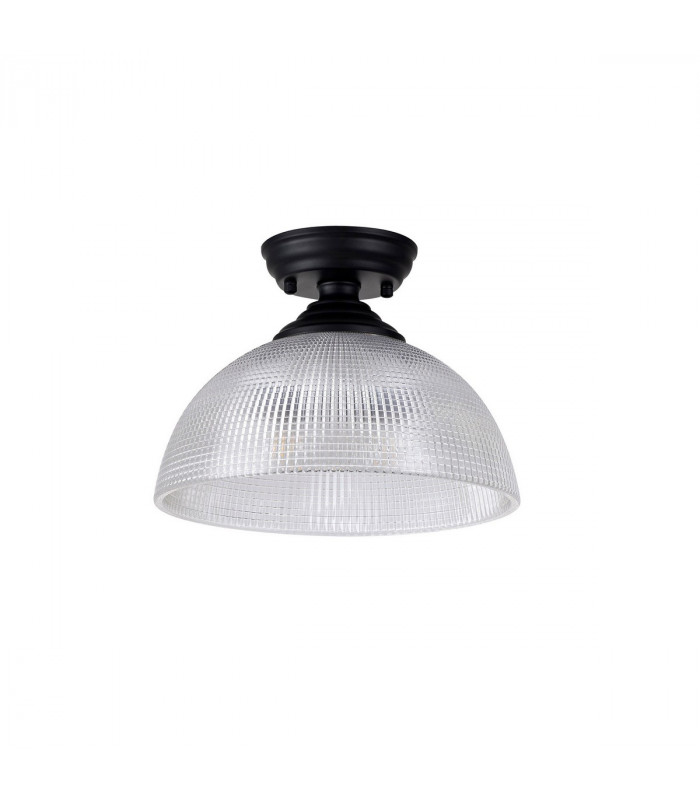 Dresden Flush Ceiling Lamp E27 With Round 30cm Prismatic Effect Glass Shade Matt Black Clear-7