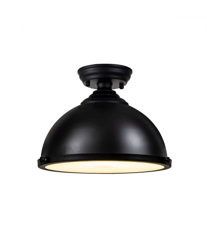 Dresden Flush Ceiling Lamp E27 With Round 31cm Metal Shade Matt Black Frosted White-1