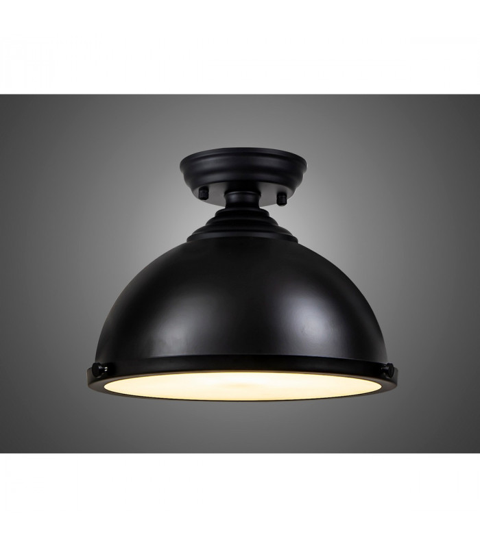 Dresden Flush Ceiling Lamp E27 With Round 31cm Metal Shade Matt Black Frosted White-3