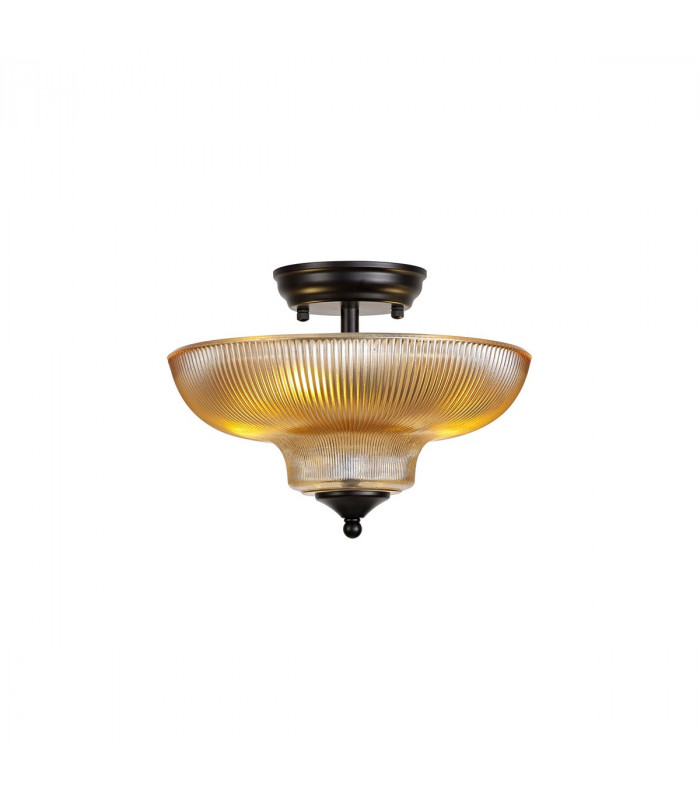 Dresden 2 Light Semi Flush Ceiling Lamp E27 With Round 30cm Glass Shade Matt Black Amber-1