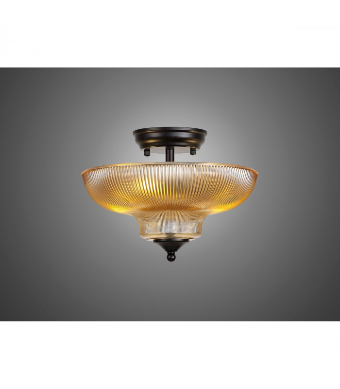 Dresden 2 Light Semi Flush Ceiling Lamp E27 With Round 30cm Glass Shade Matt Black Amber-3