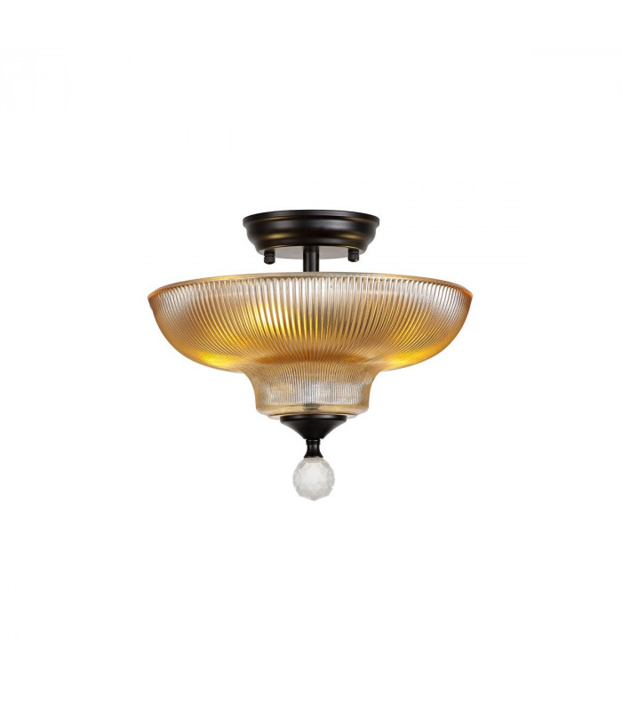 Dresden 2 Light Semi Flush Ceiling Lamp E27 With Round 30cm Glass Shade Matt Black Amber-7