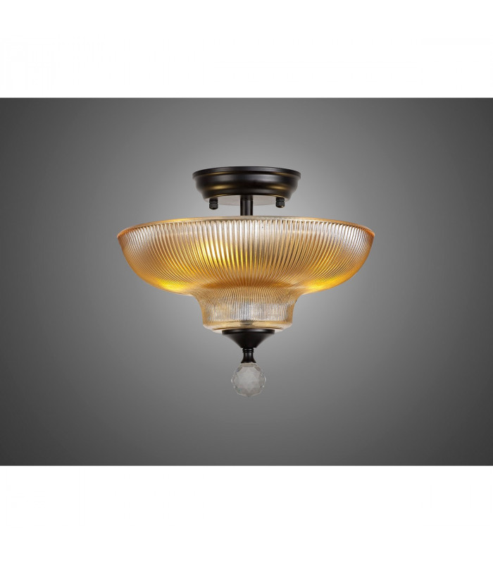 Dresden 2 Light Semi Flush Ceiling Lamp E27 With Round 30cm Glass Shade Matt Black Amber-10
