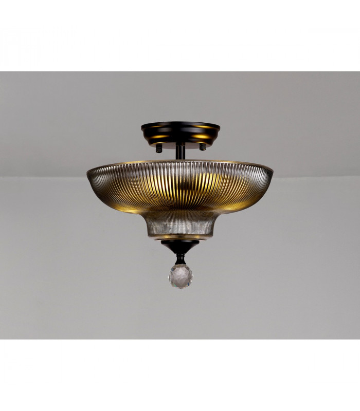 Dresden 2 Light Semi Flush Ceiling Lamp E27 With Round 30cm Glass Shade Matt Black Smoked-3