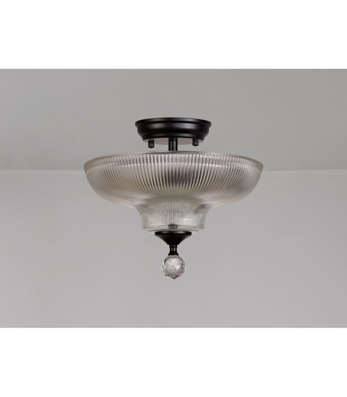 Dresden 2 Light Semi Flush Ceiling Lamp E27 With Round 30cm Glass Shade Matt Black Clear-10