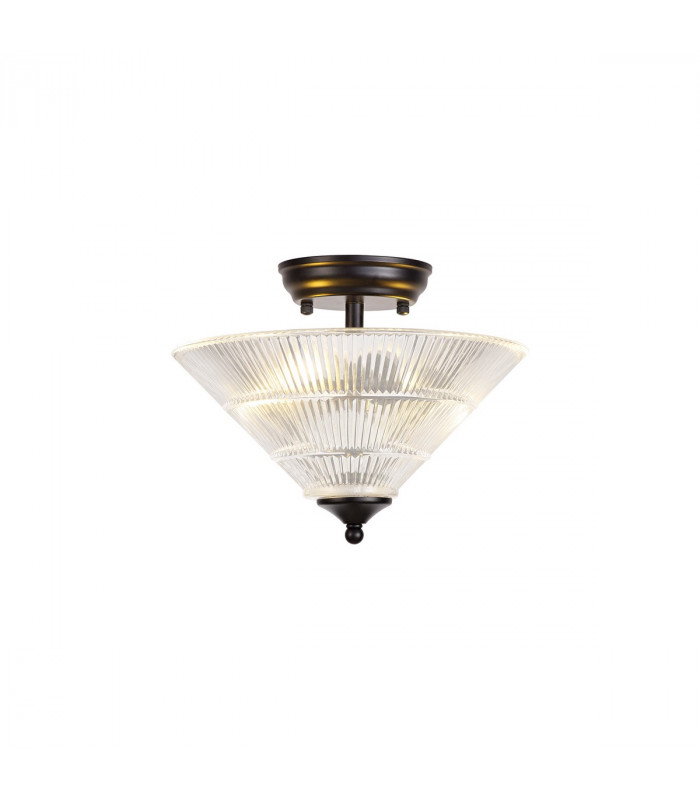 Dresden 2 Light Semi Flush Ceiling Lamp E27 With Cone 30cm Glass Shade Matt Black Clear-1