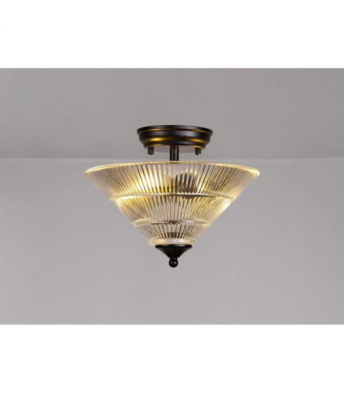 Dresden 2 Light Semi Flush Ceiling Lamp E27 With Cone 30cm Glass Shade Matt Black Clear-3