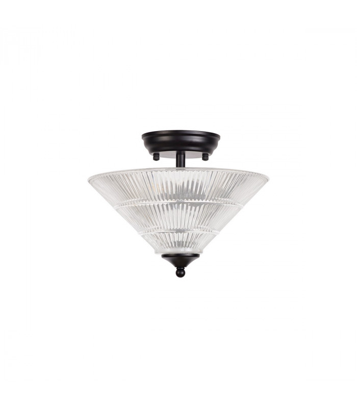 Dresden 2 Light Semi Flush Ceiling Lamp E27 With Cone 30cm Glass Shade Matt Black Clear-7