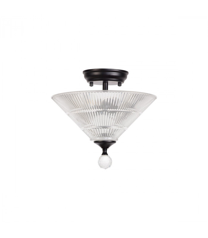 Dresden 2 Light Semi Flush Ceiling Lamp E27 With Cone 30cm Glass Shade Matt Black Clear-9