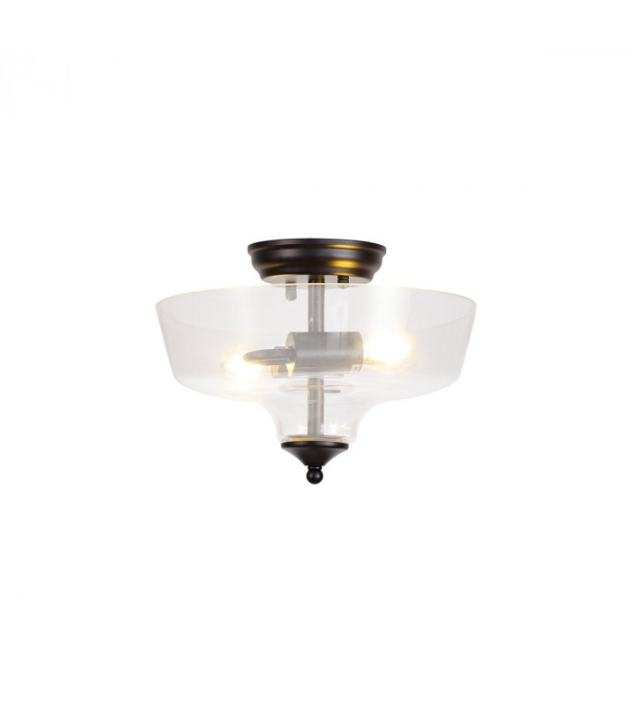 Dresden 2 Light Semi Flush Ceiling Lamp E27 With Flat Round 30cm Glass Shade Matt Black Clear-1