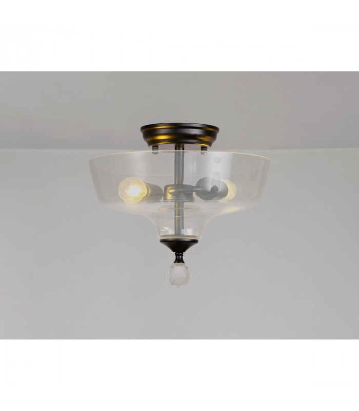 Dresden 2 Light Semi Flush Ceiling Lamp E27 With Flat Round 30cm Glass Shade Matt Black Clear-3