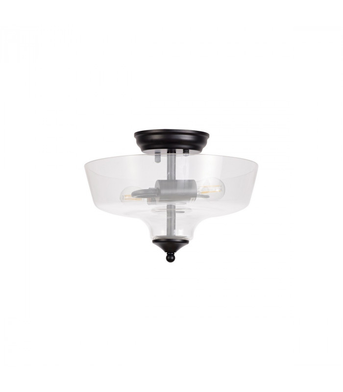 Dresden 2 Light Semi Flush Ceiling Lamp E27 With Flat Round 30cm Glass Shade Matt Black Clear-7
