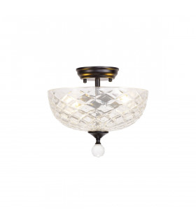 Dresden 2 Light Semi Flush Ceiling Lamp E27 With Flat Round 30cm Patterned Glass Shade Matt Black Clear-1