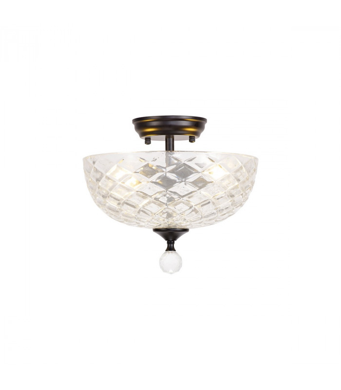 Dresden 2 Light Semi Flush Ceiling Lamp E27 With Flat Round 30cm Patterned Glass Shade Matt Black Clear-1