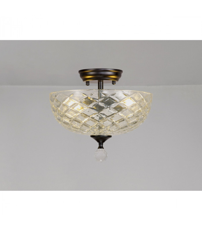 Dresden 2 Light Semi Flush Ceiling Lamp E27 With Flat Round 30cm Patterned Glass Shade Matt Black Clear-3