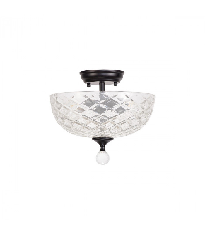 Dresden 2 Light Semi Flush Ceiling Lamp E27 With Flat Round 30cm Patterned Glass Shade Matt Black Clear-7