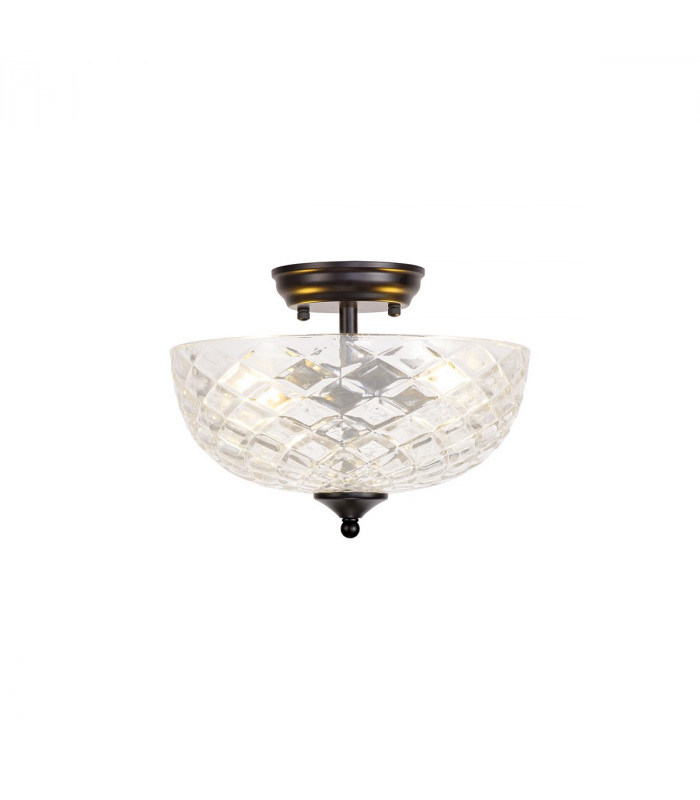 Dresden 2 Light Semi Flush Ceiling Lamp E27 With Flat Round 30cm Patterned Glass Shade Matt Black Clear-8