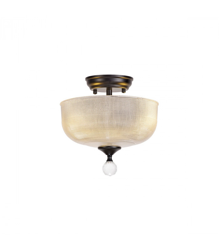 Dresden 2 Light Semi Flush Ceiling Lamp E27 With Round 26.5cm Prismatic Effect Glass Shade Matt Black Clear-1