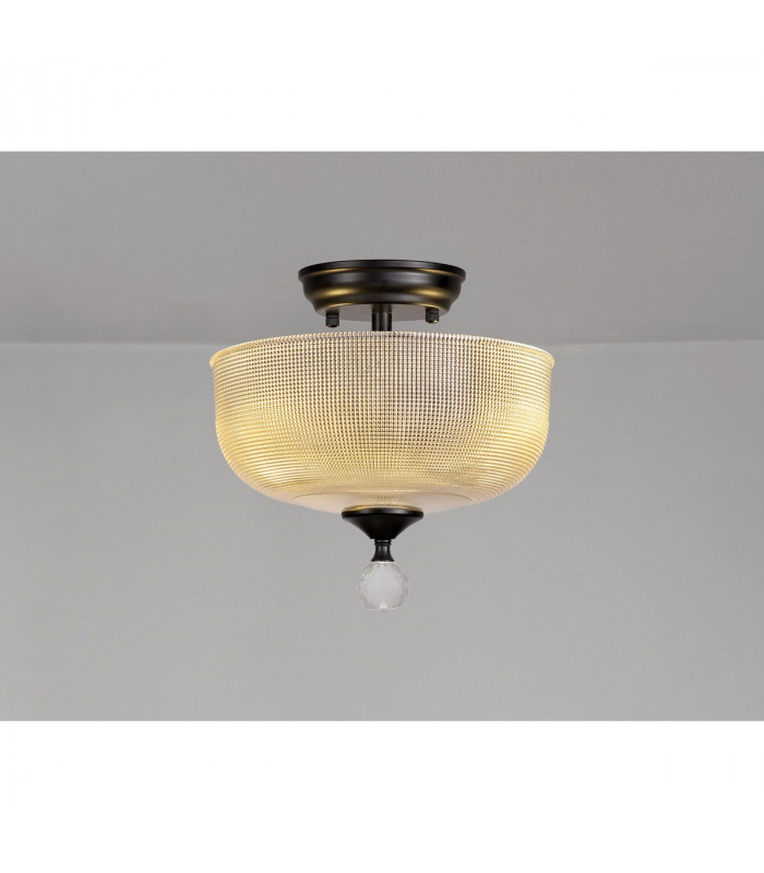 Dresden 2 Light Semi Flush Ceiling Lamp E27 With Round 26.5cm Prismatic Effect Glass Shade Matt Black Clear-3