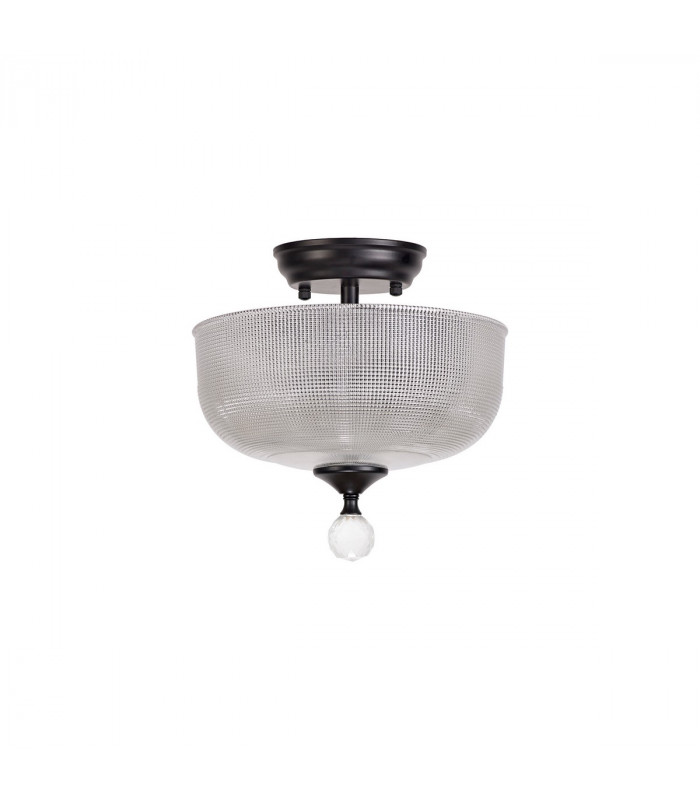 Dresden 2 Light Semi Flush Ceiling Lamp E27 With Round 26.5cm Prismatic Effect Glass Shade Matt Black Clear-7
