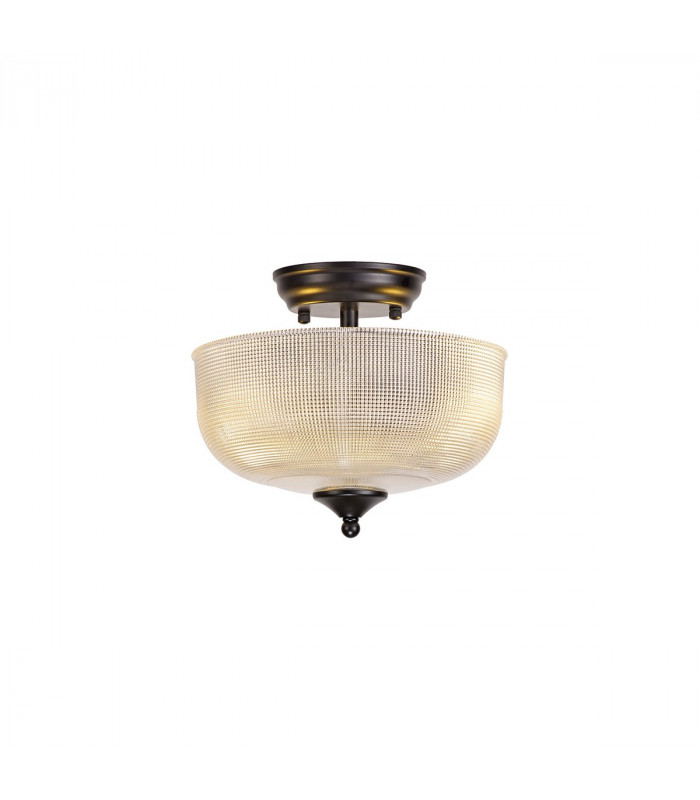 Dresden 2 Light Semi Flush Ceiling Lamp E27 With Round 26.5cm Prismatic Effect Glass Shade Matt Black Clear-8