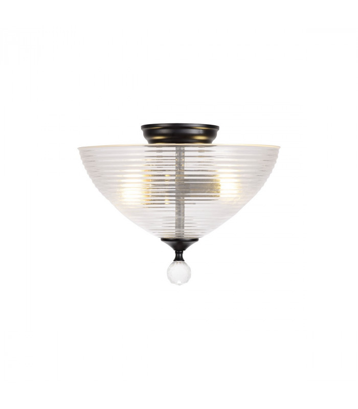Dresden 2 Light Semi Flush Ceiling Lamp E27 With Round 33.5cm Prismatic Effect Glass Shade Matt Black Clear-1