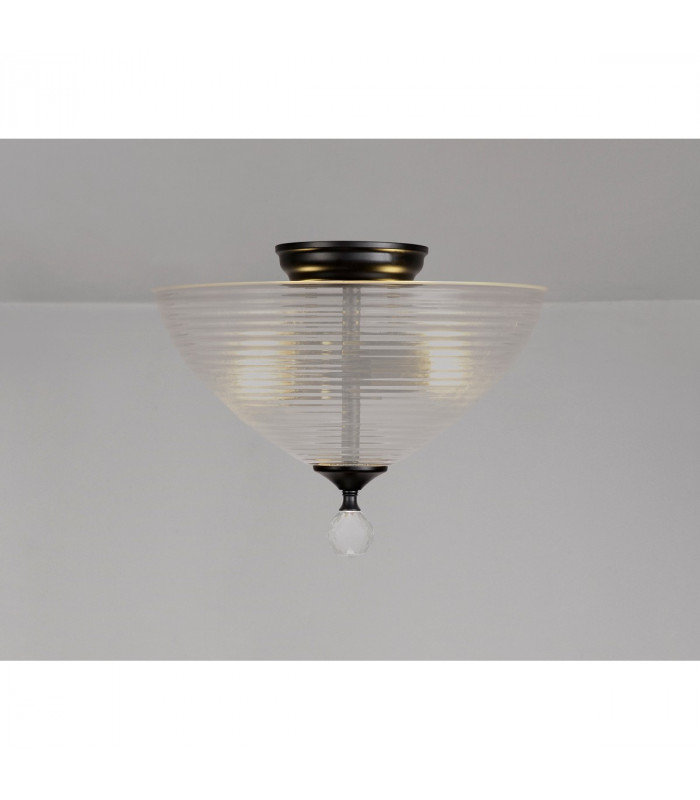 Dresden 2 Light Semi Flush Ceiling Lamp E27 With Round 33.5cm Prismatic Effect Glass Shade Matt Black Clear-3