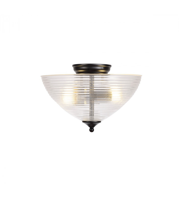 Dresden 2 Light Semi Flush Ceiling Lamp E27 With Round 33.5cm Prismatic Effect Glass Shade Matt Black Clear-8