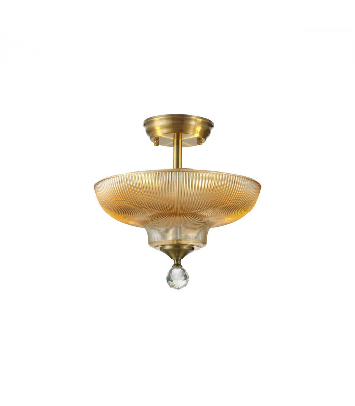 Dresden 2 Light Semi Flush Ceiling Lamp E27 With Round 30cm Glass Shade Antique Brass Amber-1
