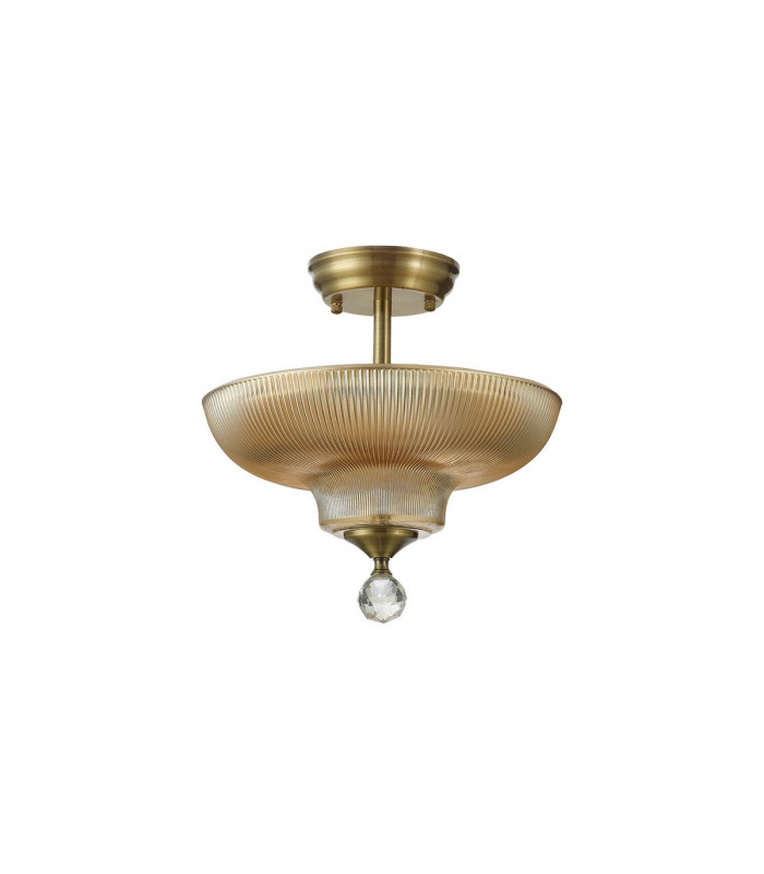 Dresden 2 Light Semi Flush Ceiling Lamp E27 With Round 30cm Glass Shade Antique Brass Amber-7