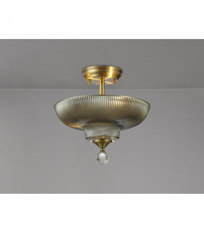 Dresden 2 Light Semi Flush Ceiling Lamp E27 With Round 30cm Glass Shade Antique Brass Smoked-3