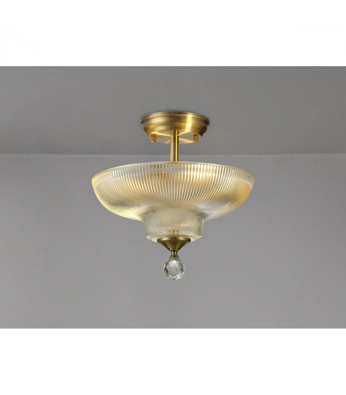Dresden 2 Light Semi Flush Ceiling Lamp E27 With Round 30cm Glass Shade Antique Brass Clear-3