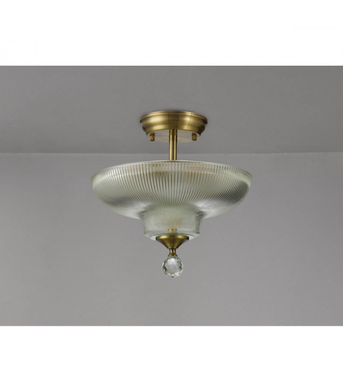 Dresden 2 Light Semi Flush Ceiling Lamp E27 With Round 30cm Glass Shade Antique Brass Clear-10