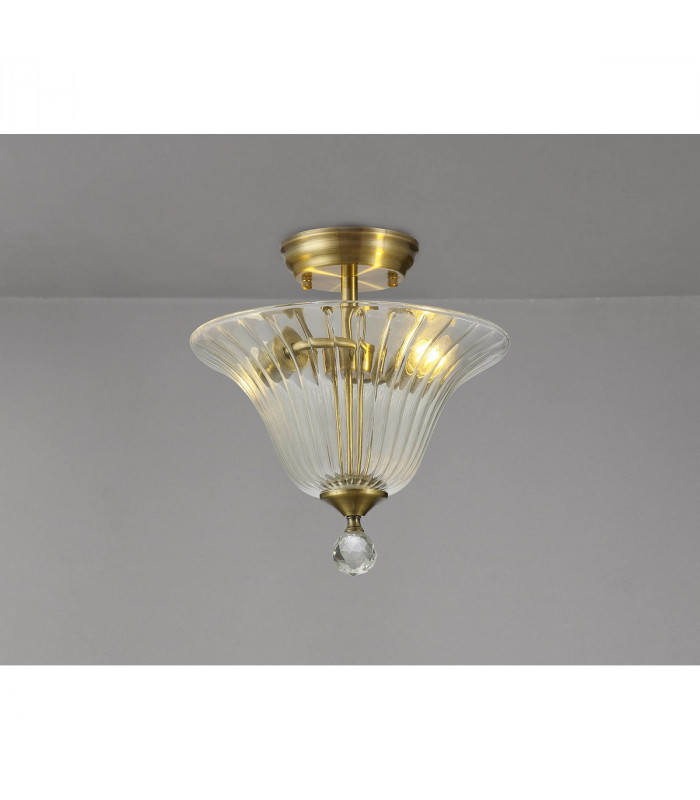 Dresden 2 Light Semi Flush Ceiling Lamp E27 With Bell 30cm Glass Shade Antique Brass Clear-3