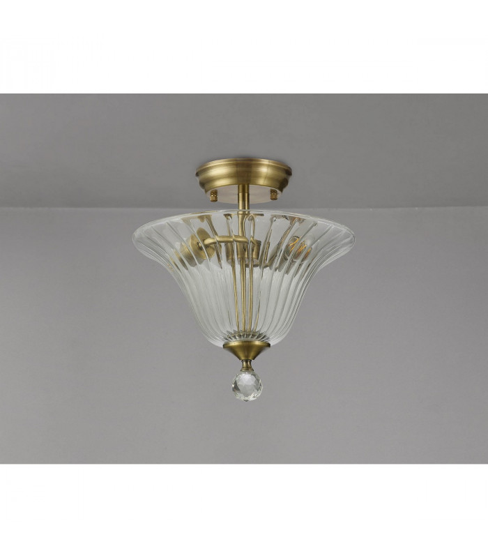 Dresden 2 Light Semi Flush Ceiling Lamp E27 With Bell 30cm Glass Shade Antique Brass Clear-10