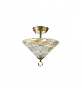 Dresden 2 Light Semi Flush Ceiling Lamp E27 With Cone 30cm Glass Shade Antique Brass Clear-1