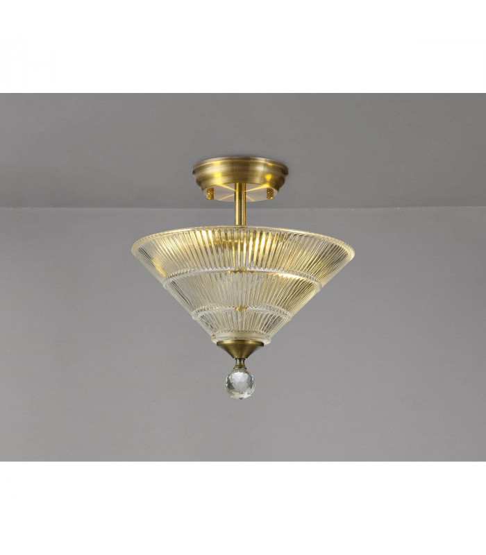 Dresden 2 Light Semi Flush Ceiling Lamp E27 With Cone 30cm Glass Shade Antique Brass Clear-3