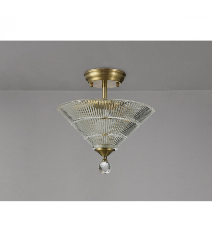 Dresden 2 Light Semi Flush Ceiling Lamp E27 With Cone 30cm Glass Shade Antique Brass Clear-10