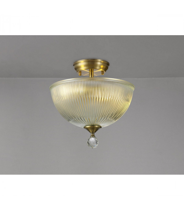 Dresden 2 Light Semi Flush Ceiling Lamp E27 With Dome 30cm Glass Shade Antique Brass Clear-3