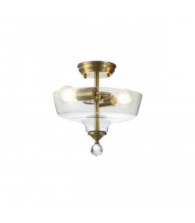 Dresden 2 Light Semi Flush Ceiling Lamp E27 With Flat Round 30cm Glass Shade Antique Brass Clear-1