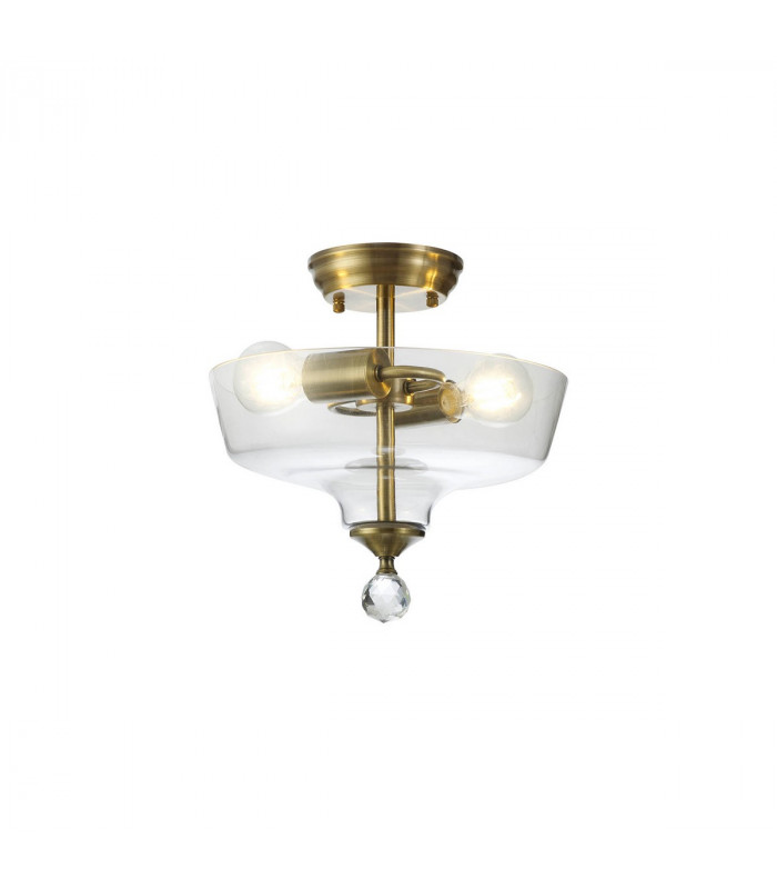Dresden 2 Light Semi Flush Ceiling Lamp E27 With Flat Round 30cm Glass Shade Antique Brass Clear-1
