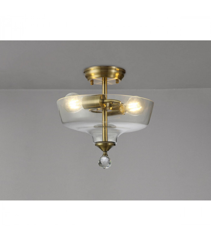 Dresden 2 Light Semi Flush Ceiling Lamp E27 With Flat Round 30cm Glass Shade Antique Brass Clear-3