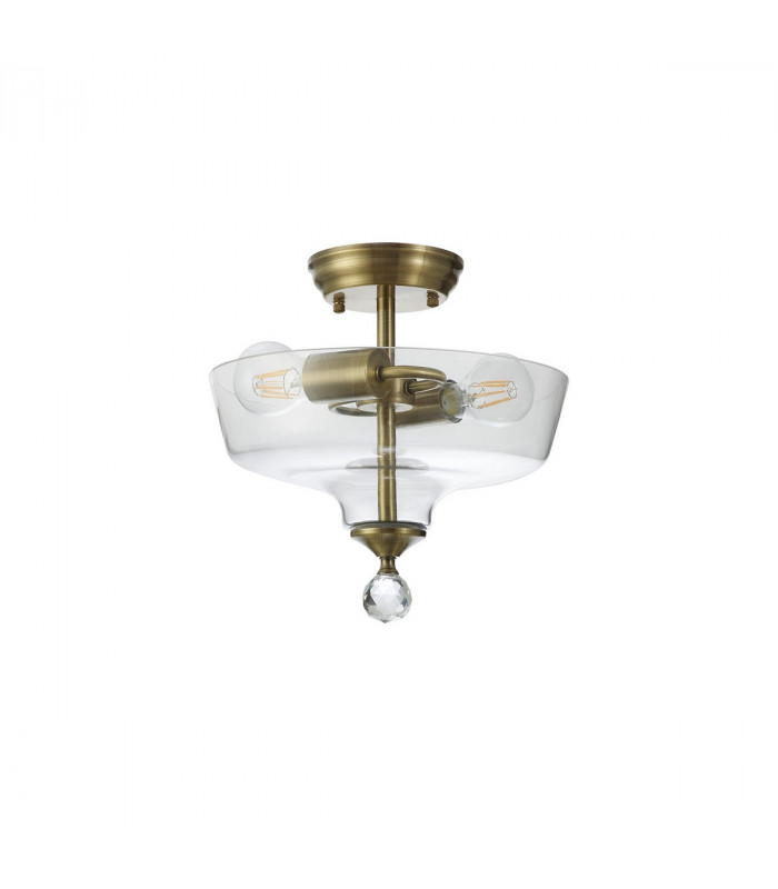 Dresden 2 Light Semi Flush Ceiling Lamp E27 With Flat Round 30cm Glass Shade Antique Brass Clear-7