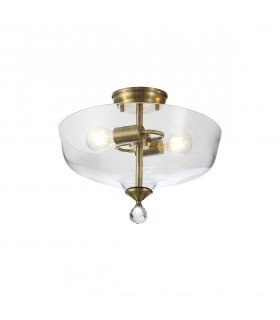 Dresden 2 Light Semi Flush Ceiling Lamp E27 With Flat Round 38cm Glass Shade Antique Brass Clear-1